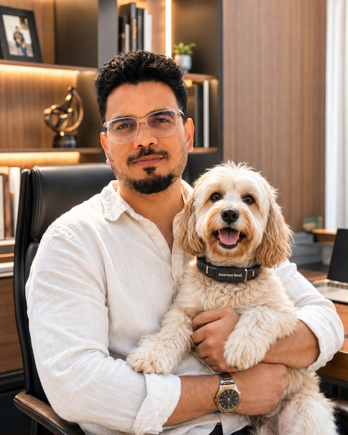 Hiteshkumar Bisen, Founder & CEO of Smartpet Band, holding his dog wearing a Smartpet Band collar
